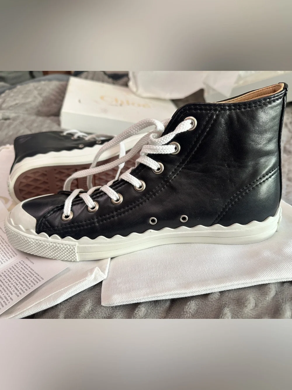 RARE NIB Chloé Black Lambskin Leather High-Top Sneakers with scalloped sole